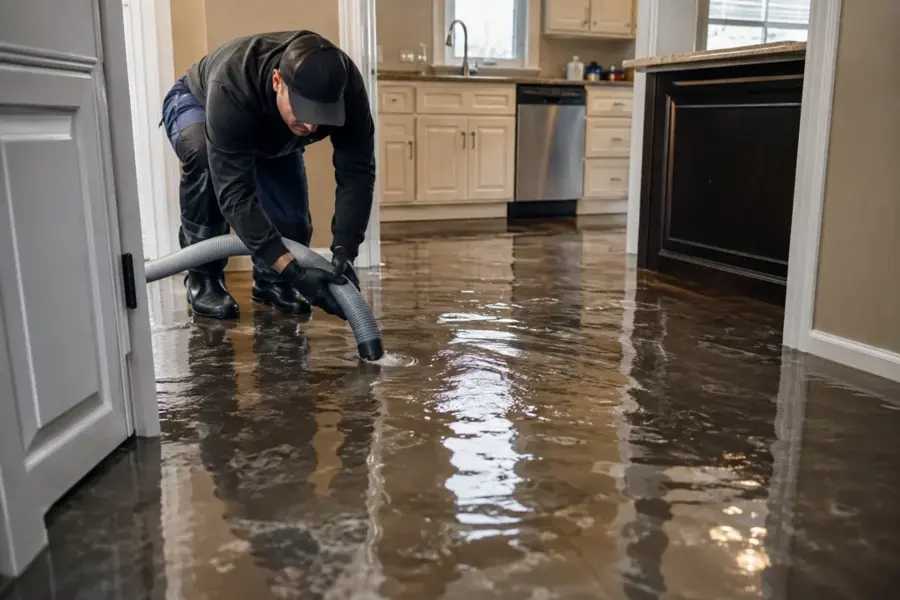 A technician clearing standing water from a flooded floor in Altamonte Springs, FL